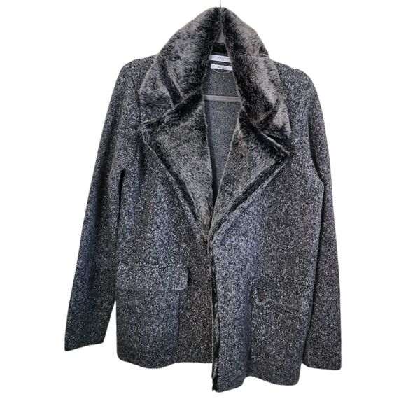 Mango Wool Trench Coat Winter Size 6 Gray Faux Fur Pockets Classic Mob Wife - Picture 1 of 12